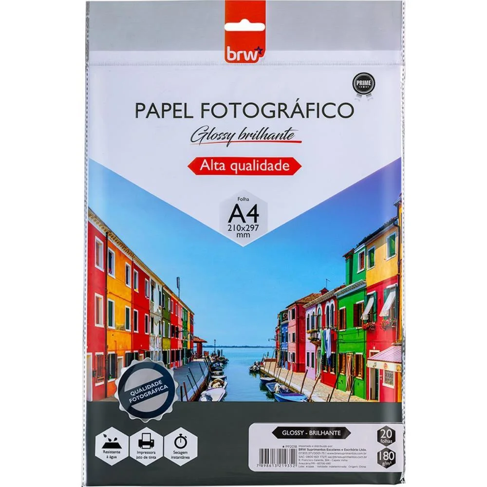 PAPEL FOTOGRAFICO INKJET A4 GLOSSY BRILHANTE 180G. BRW (PCT.C/20)