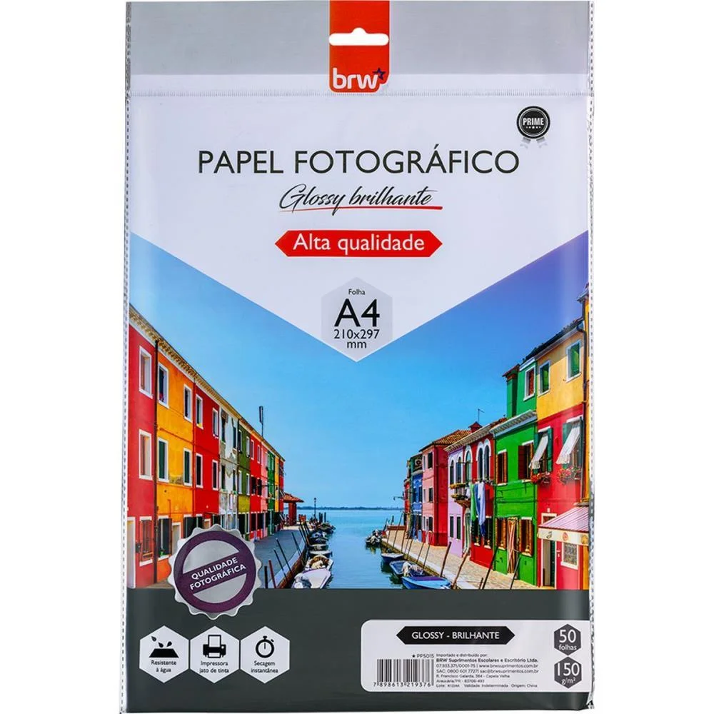 PAPEL FOTOGRAFICO INKJET A4 GLOSSY BRILHANTE 150G. BRW (PCT.C/50)