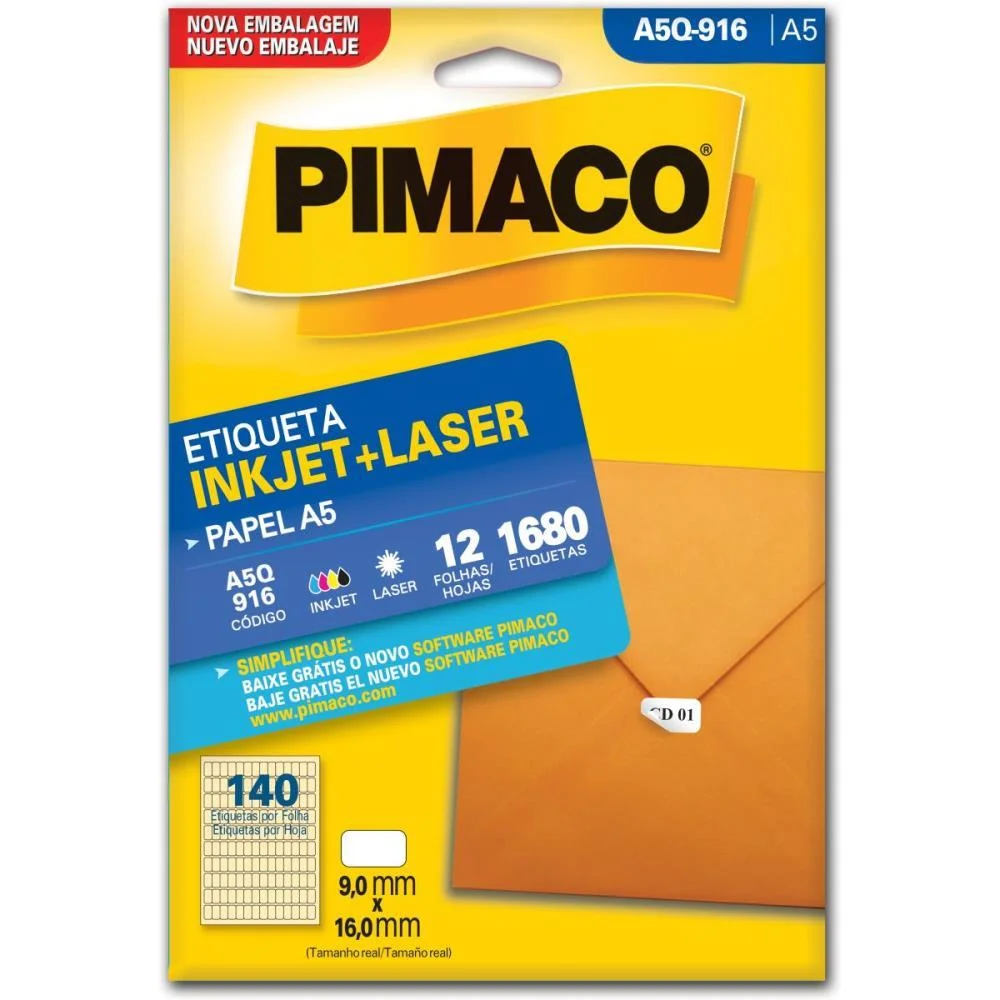 ETIQUETA A5 A5Q-916 12 FLS 9,0 X 16,0 MM PIMACO (CT.C/1680)