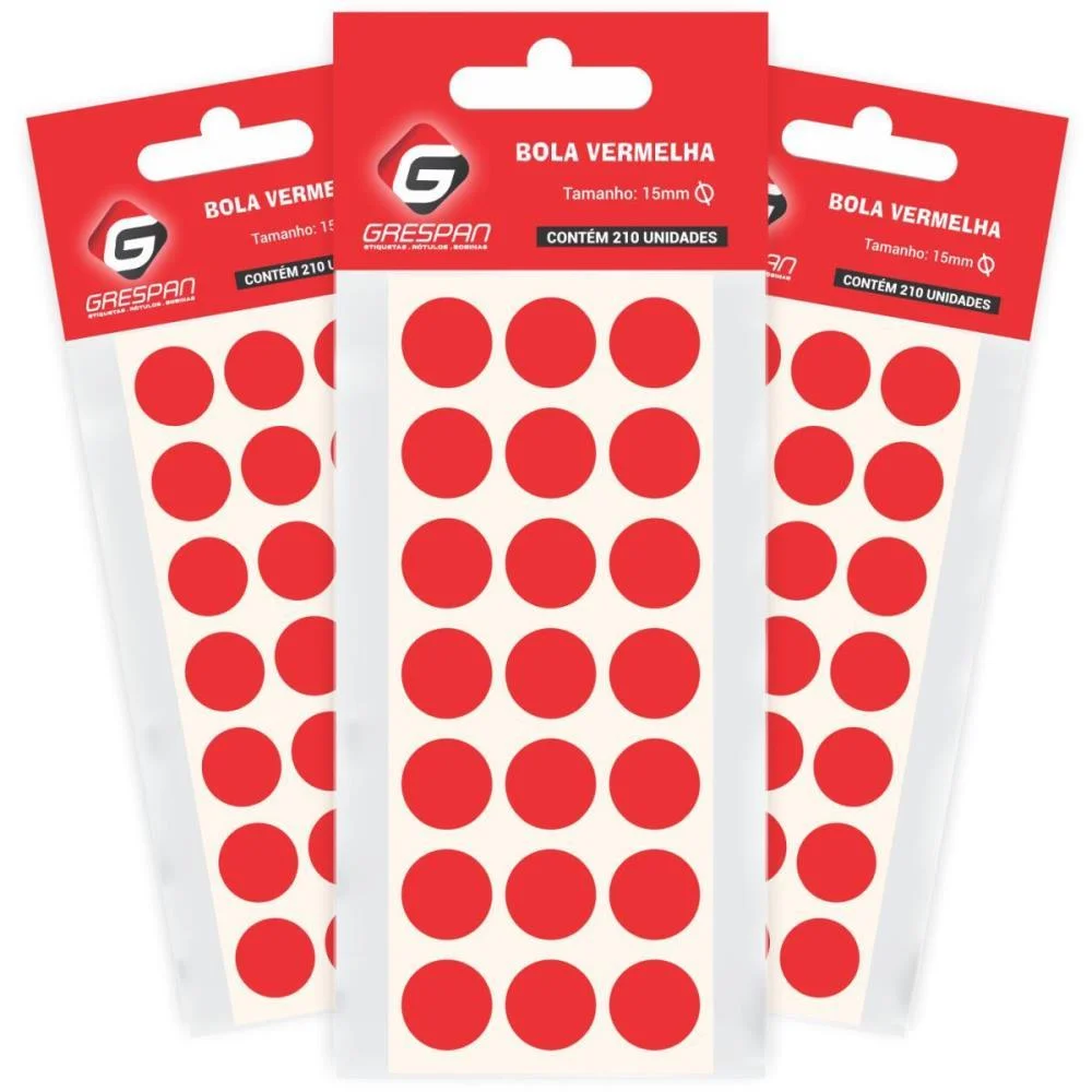 ETIQUETA REDONDA VERMELHA 15MM. C/210 ETIQUETAS GRESPAN (CARTELA)