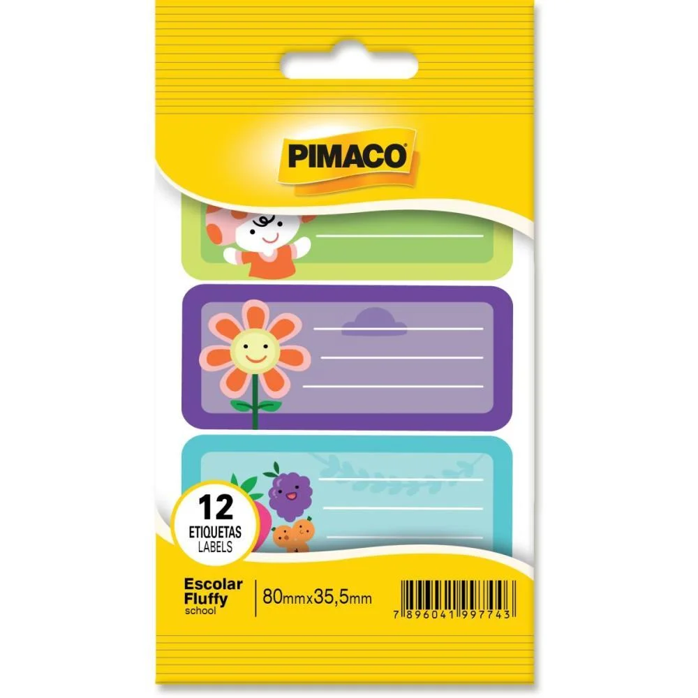 ETIQUETA ESCOLAR DECORADA FLUFFY 80X35,5MM C/12 ETIQ. PIMACO (CT.C/12)