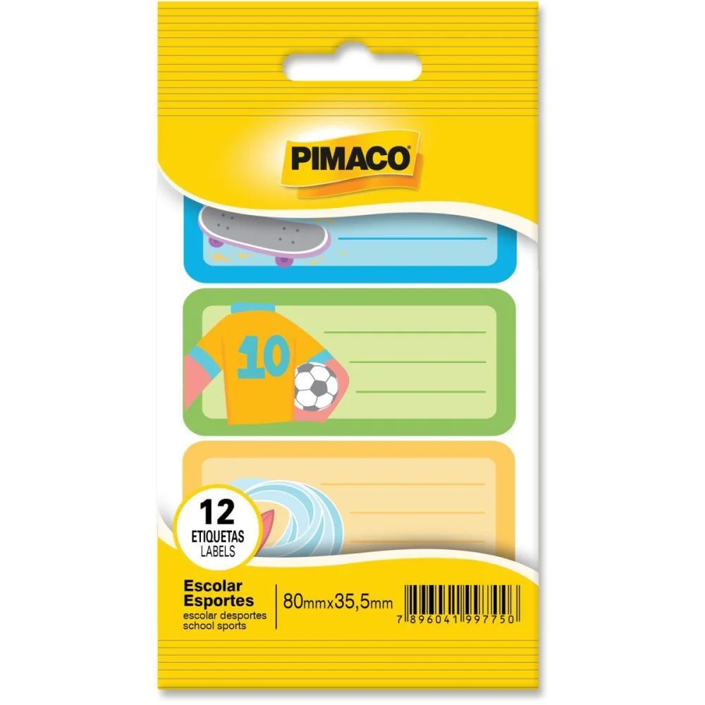 ETIQUETA ESCOLAR DECORADA ESPORTES 80X35,5MM C/12 ETIQ. PIMACO (CT.C/12)