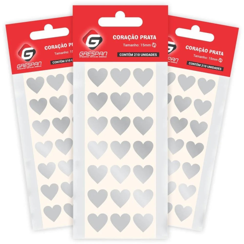ETIQUETA LISA COM FORMAS CORACAO PRATA C/210 ETIQUETAS GRESPAN (CT.C/210)