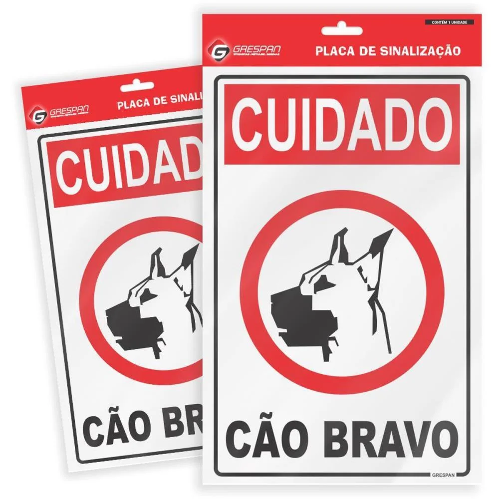 PLACA DE SINALIZACAO CUIDADO CAO BRAVO 16X25CM. GRESPAN (PCT.C/05)
