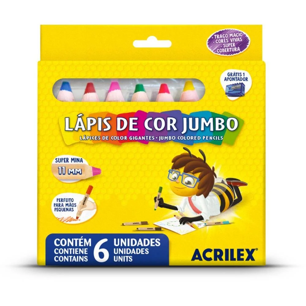 LAPIS DE COR JUMBO 06 CORES C/APONTADOR MINA 11MM ACRILEX (PCT.C/06)
