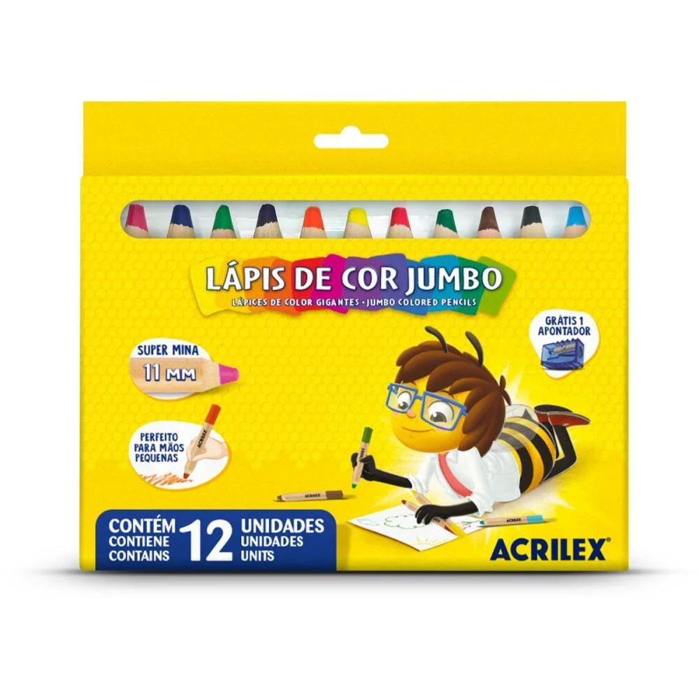 LAPIS DE COR JUMBO 12 CORES C/APONTADOR MINA 11MM ACRILEX (PCT.C/05)