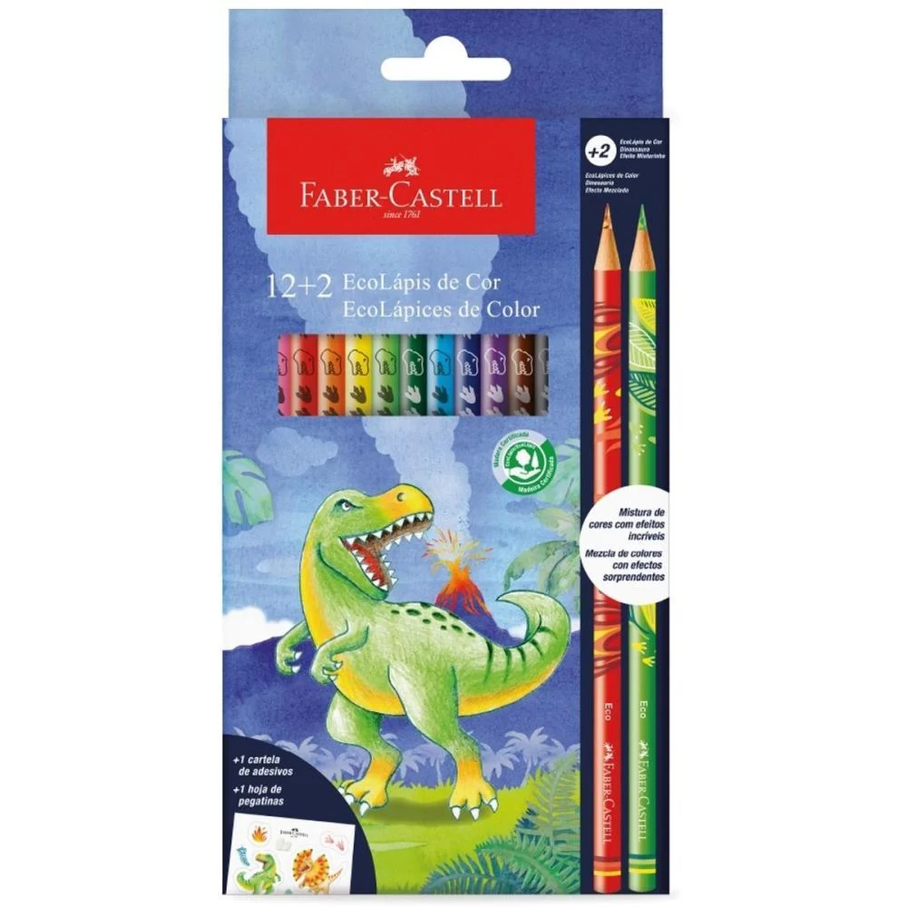 LAPIS DE COR REDONDO ECOLAPIS DINOSSAURO 12+2 CORES FABER-CASTELL (PCT.C/12)
