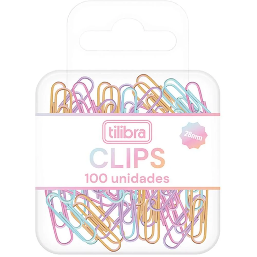 CLIPE COLORIDO TONS PASTEL 28MM C/100UN. TILIBRA (BLISTER)