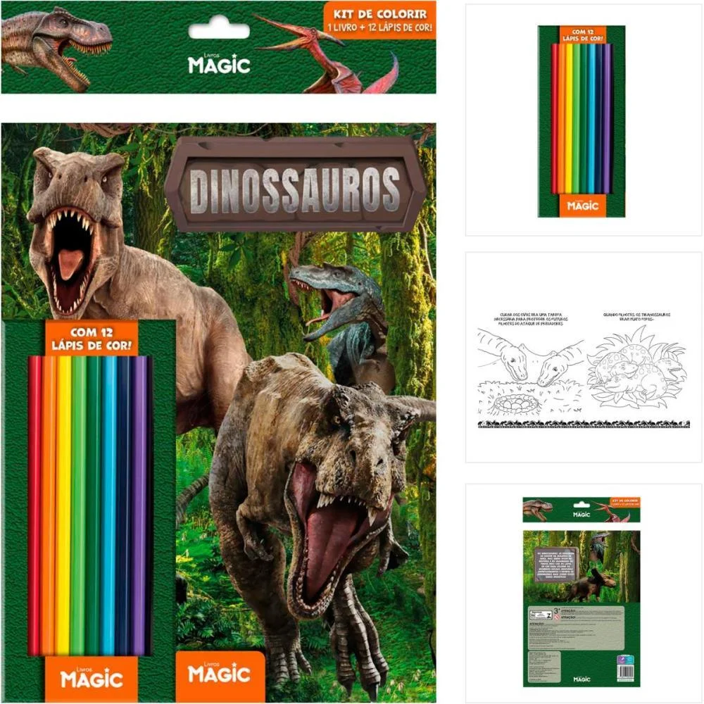 LIVRO INFANTIL COLORIR KIT LAPIS DE COR DINOSSAUROS MAGIC KIDS (UNIDADE)