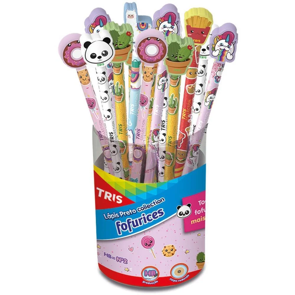 LAPIS PRETO REDONDO DECORADO TRIS FOFURICES C/BORRACHA SUMMIT (POTE-24)