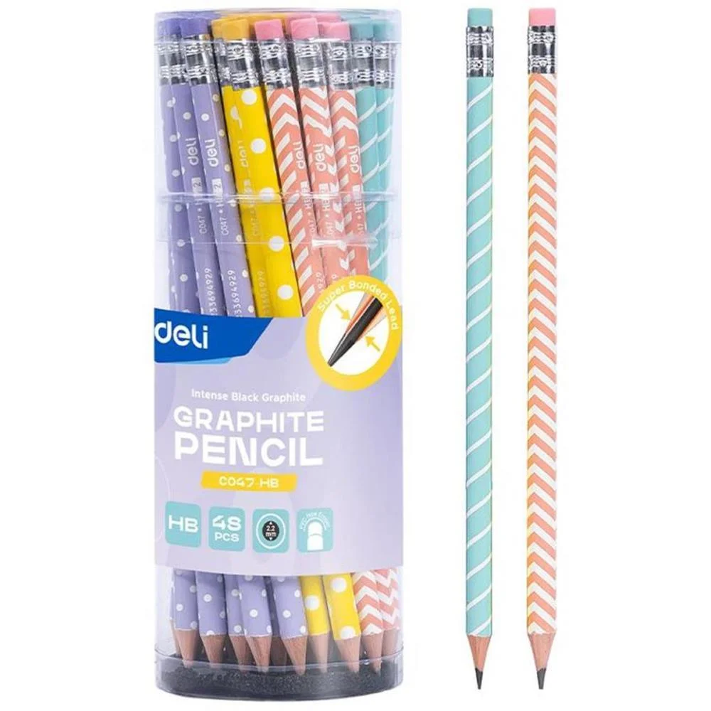 LAPIS PRETO REDONDO DECORADO HB LISTRAS E BOLINHAS C/BORRAC DELI (POTE-48)