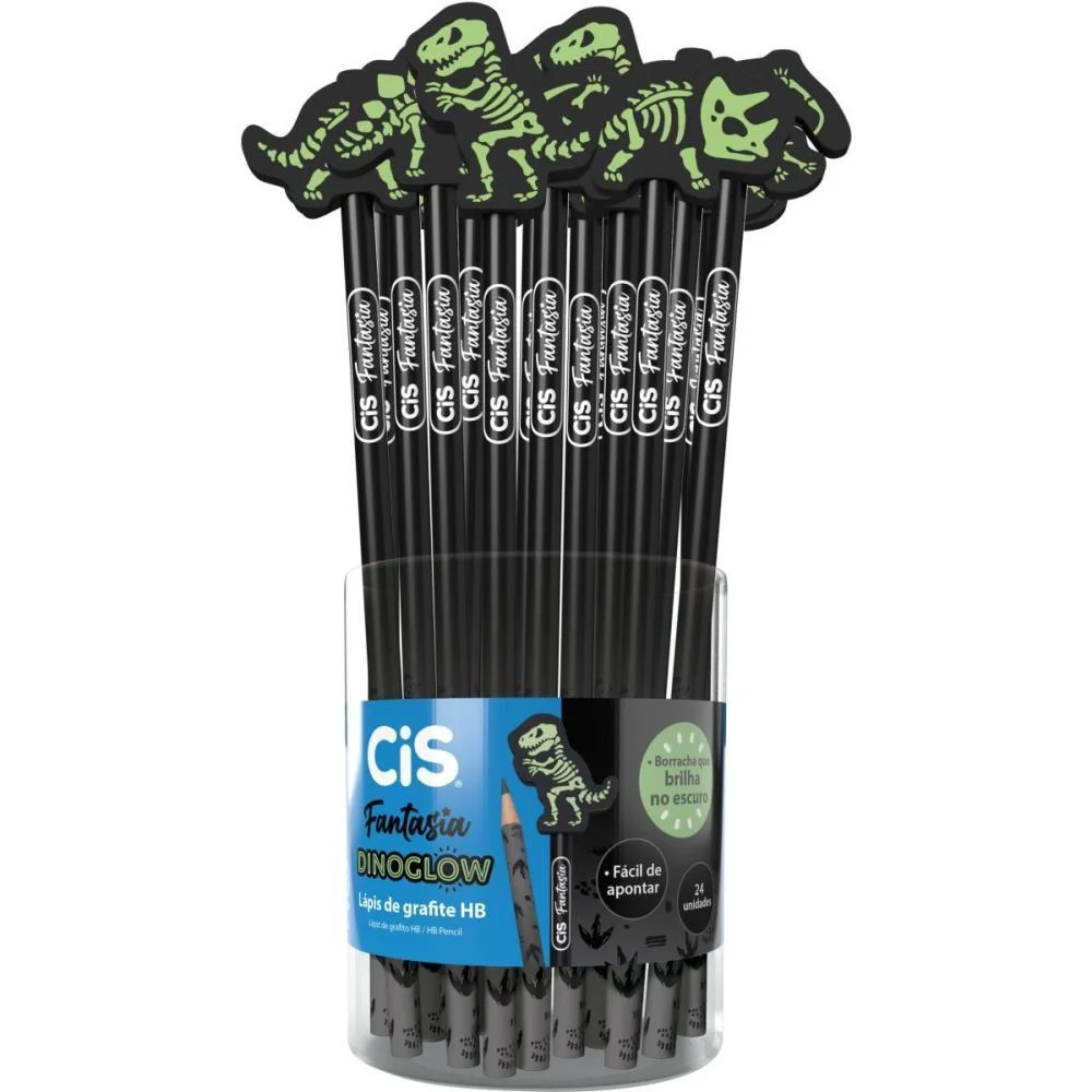 LAPIS PRETO REDONDO DECORADO CIS BORRACHA DINOGLOW 4 MOD.(S SERTIC (POTE-24)