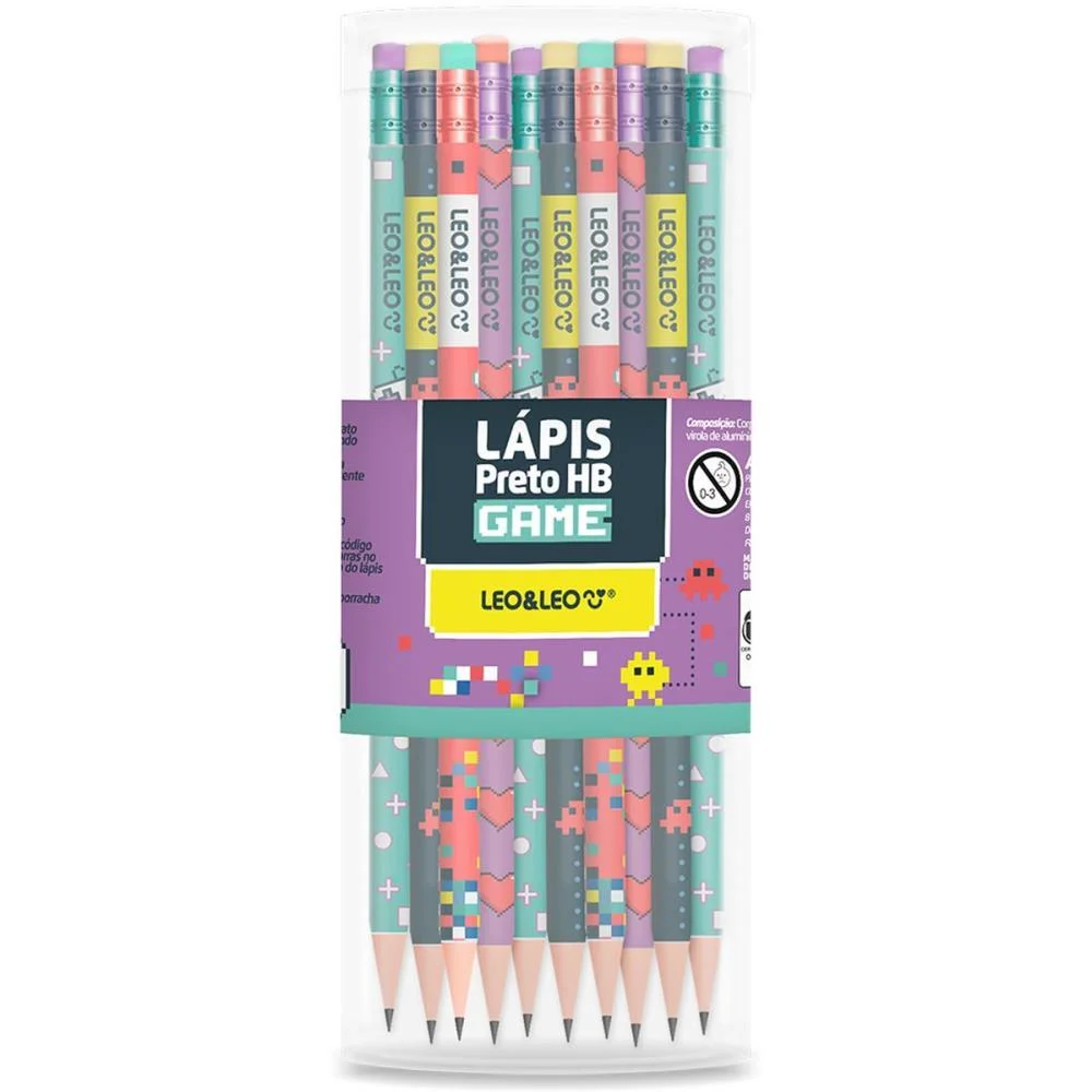 LAPIS PRETO REDONDO DECORADO GAME HB C/BORRACHA (S) LEONORA (POTE-72)