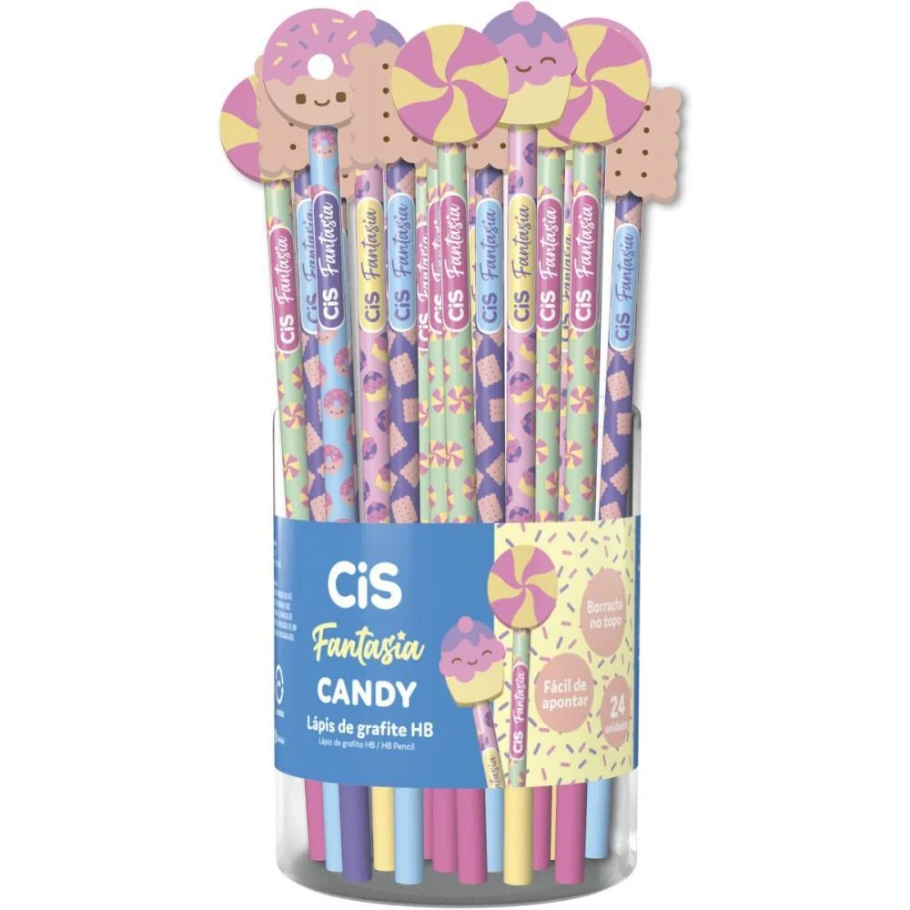 LAPIS PRETO REDONDO DECORADO CIS BORRACHA CANDY 4 MOD. (S) SERTIC (POTE-24)