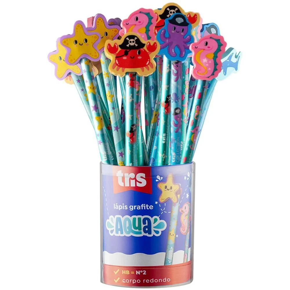 LAPIS PRETO REDONDO DECORADO TRIS AQUA C/BORRACHA 5 MODELOS SUMMIT (POTE-24)