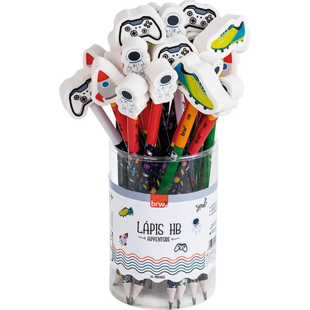 LAPIS PRETO REDONDO DECORADO HB ADVENTURE C/BORRACHA 4MOD. BRW (POTE-24)