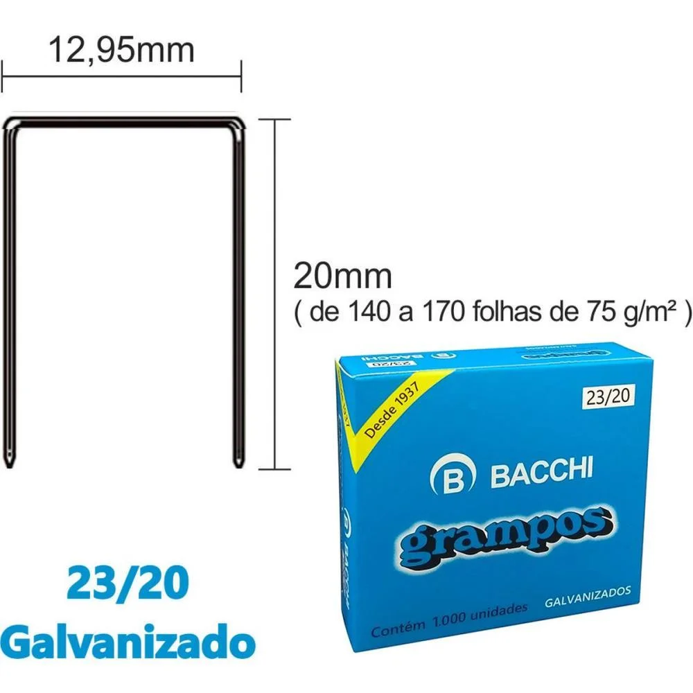 Grampo Para Grampeador 23/20 Aco 1000 Grampos Bacchi (Caixa)