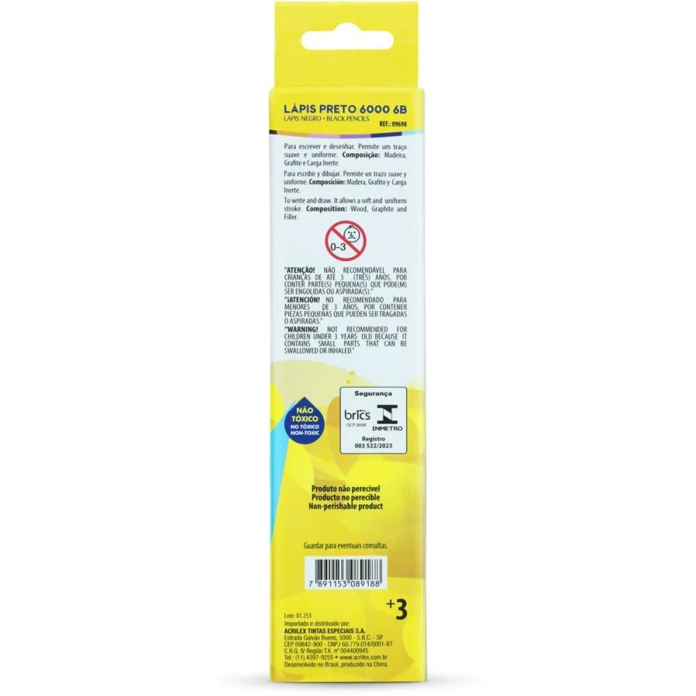 LAPIS PRETO TECNICO 6000 6B PRETO ACRILEX (CX.C/12)