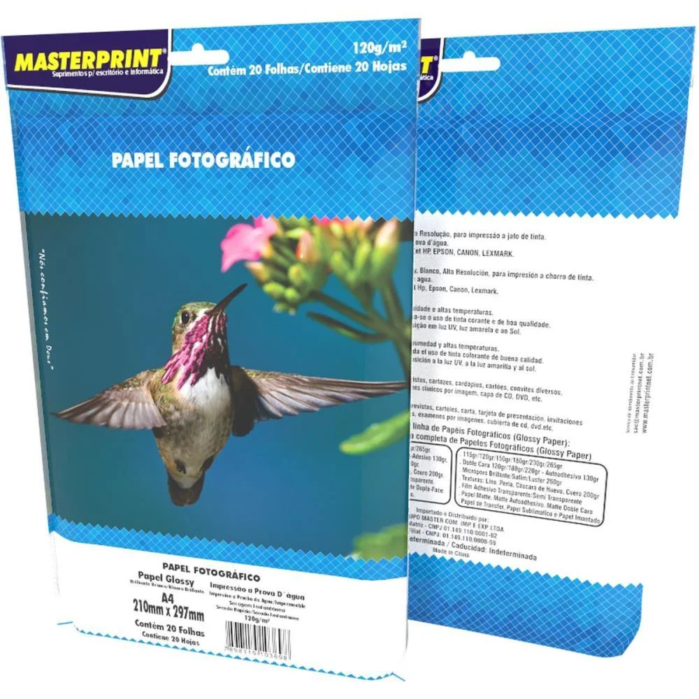 PAPEL FOTOGRAFICO INKJET A4 GLOSSY 120G MASTERPRINT (PCT.C/20)