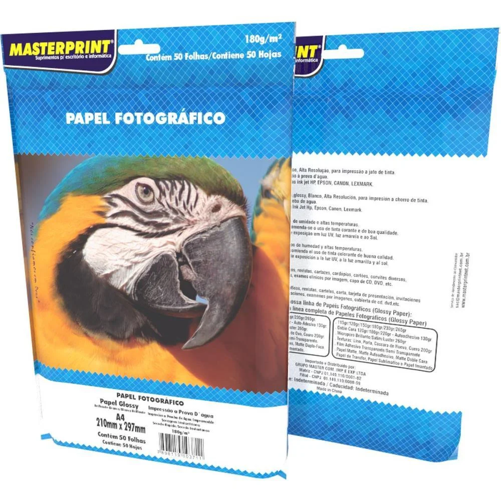 PAPEL FOTOGRAFICO INKJET A4 GLOSSY 180G MASTERPRINT (PCT.C/50)