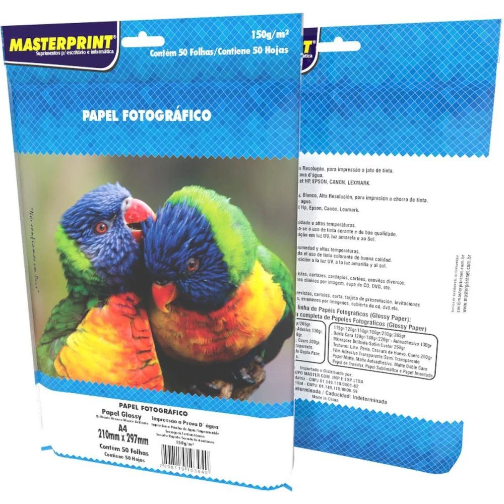 PAPEL FOTOGRAFICO INKJET A4 GLOSSY 150G MASTERPRINT (PCT.C/50)