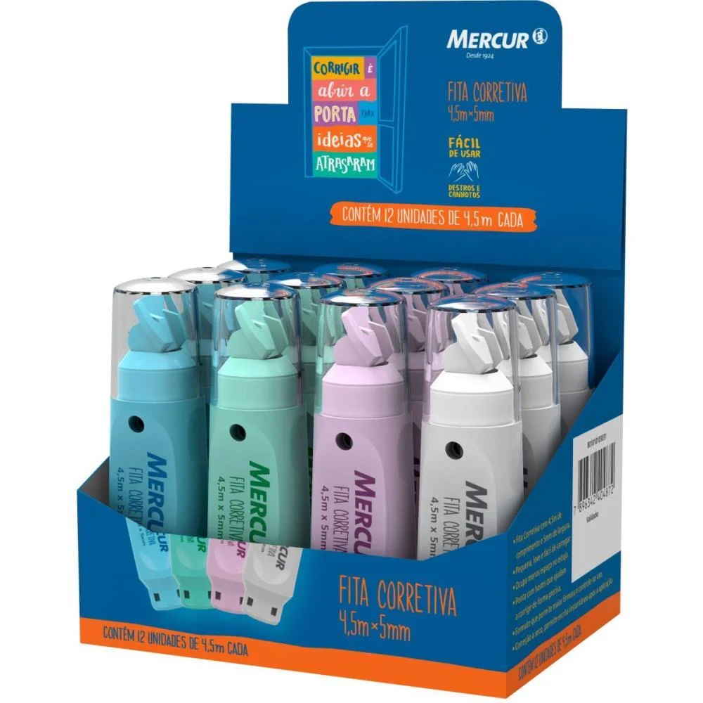 CORRETIVO EM FITA 5MMX4,5M CORES SORTIDAS MERCUR (CX.C/12)