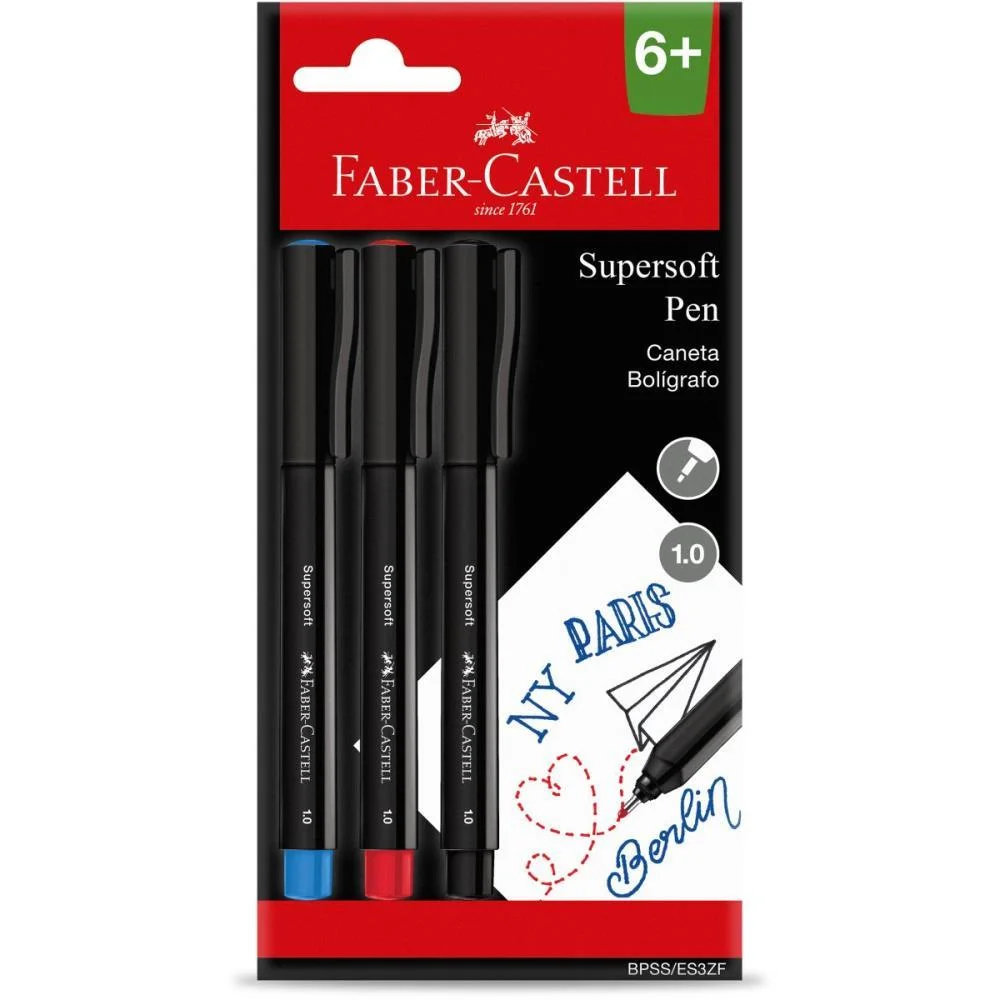 CANETA COM PONTA POROSA SUPERSOFT PEN 1.0MM C/3 CORES FABER-CASTELL (PCT.C/12)