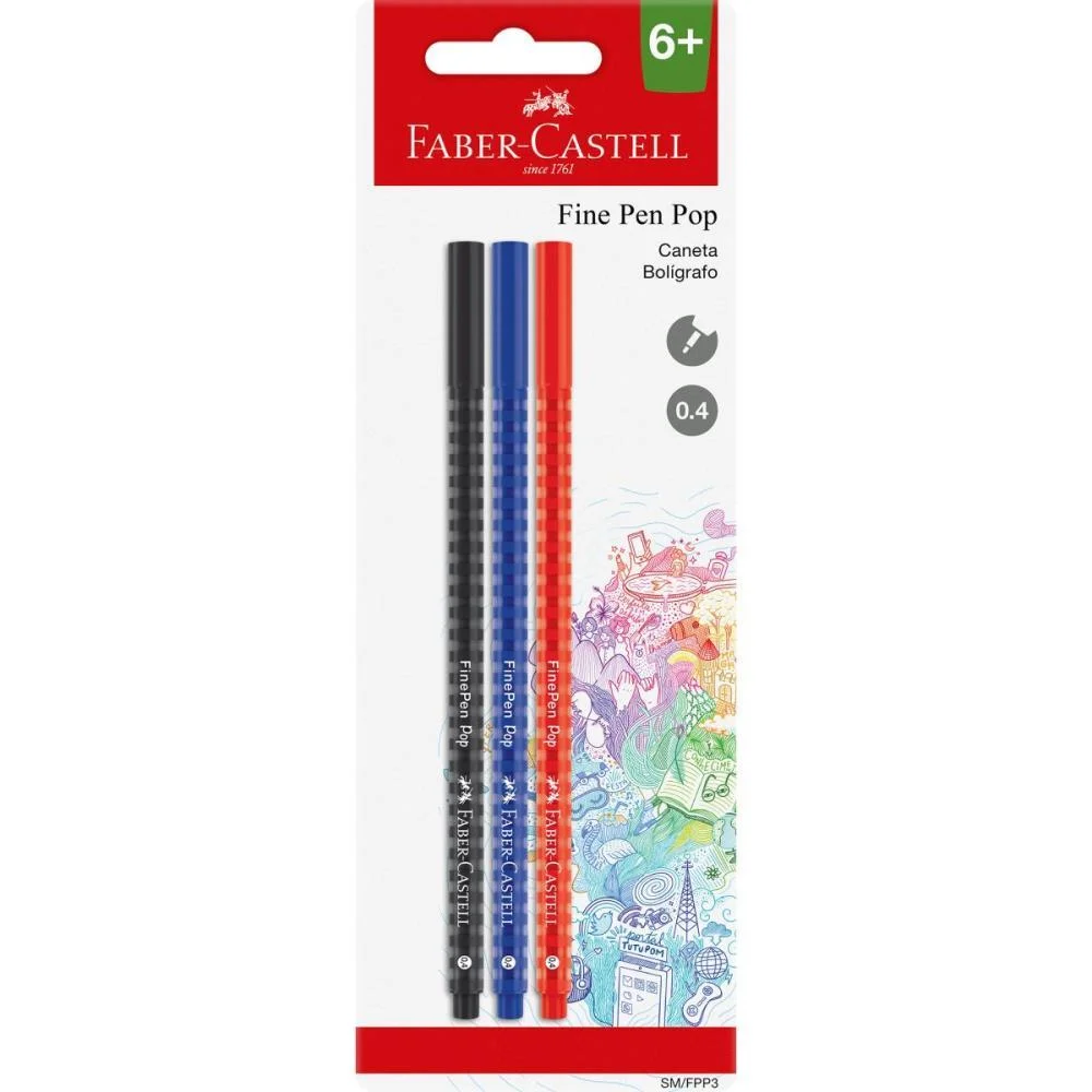 CANETA COM PONTA POROSA FINE PEN POP 3 CORES FABER-CASTELL (BLISTER)