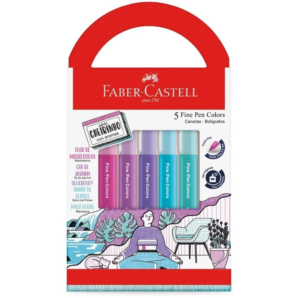 CANETA COM PONTA POROSA FINE PEN 5 CORES C/CHEIRINHO FABER-CASTELL (PCT.C/06)