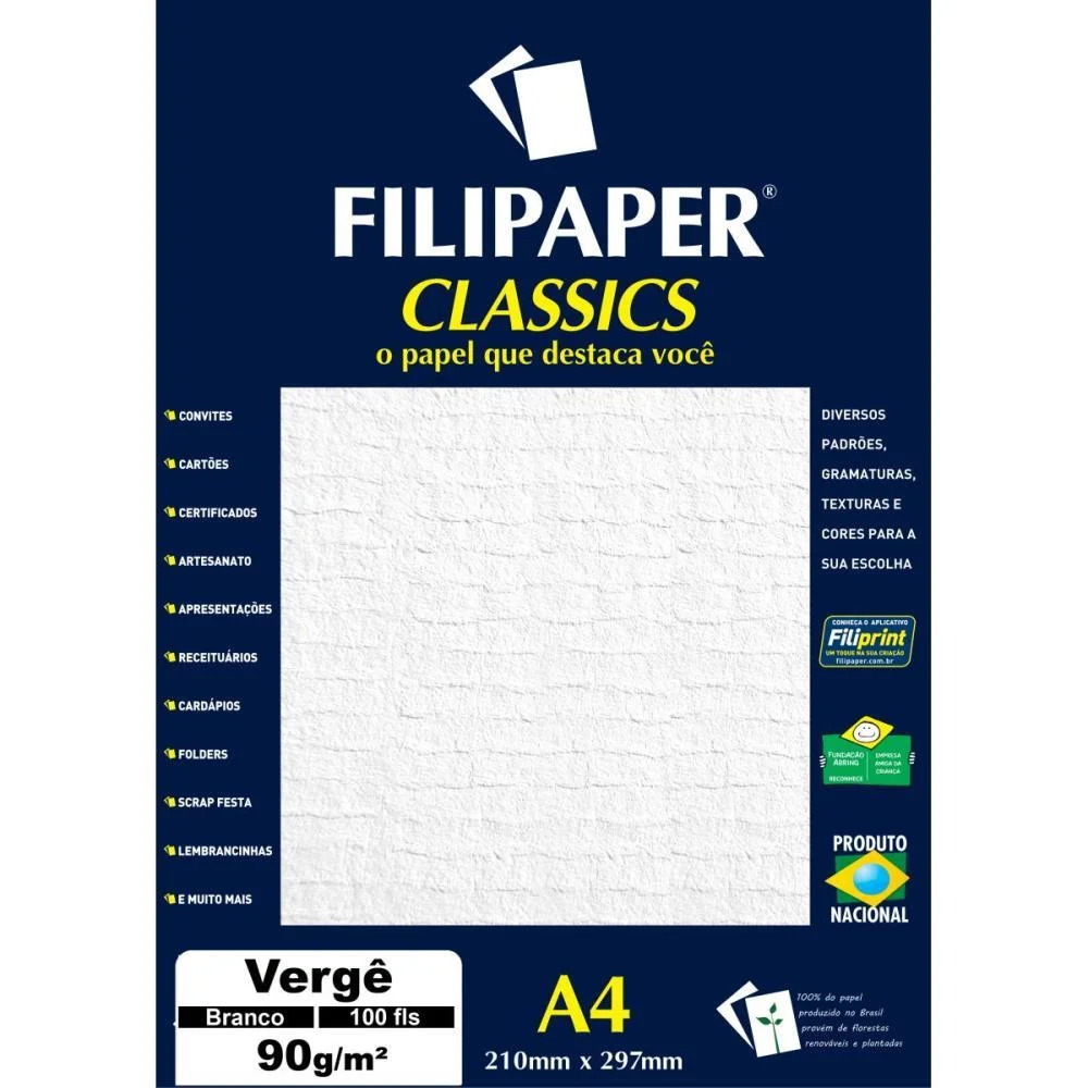 PAPEL A4 VERGE BRANCO CLASSICS 90G. FILIPERSON (CX.C/100)