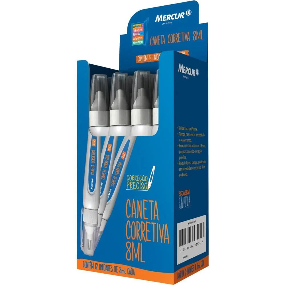 CANETA CORRETIVA 8ML BRANCA PONTA METALICA MERCUR (CX.C/12)