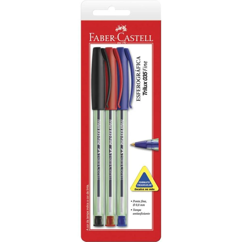CANETA ESFEROGRAFICA TRILUX PONTA FINA PT/VM/AZ FABER-CASTELL (BL.C/03)