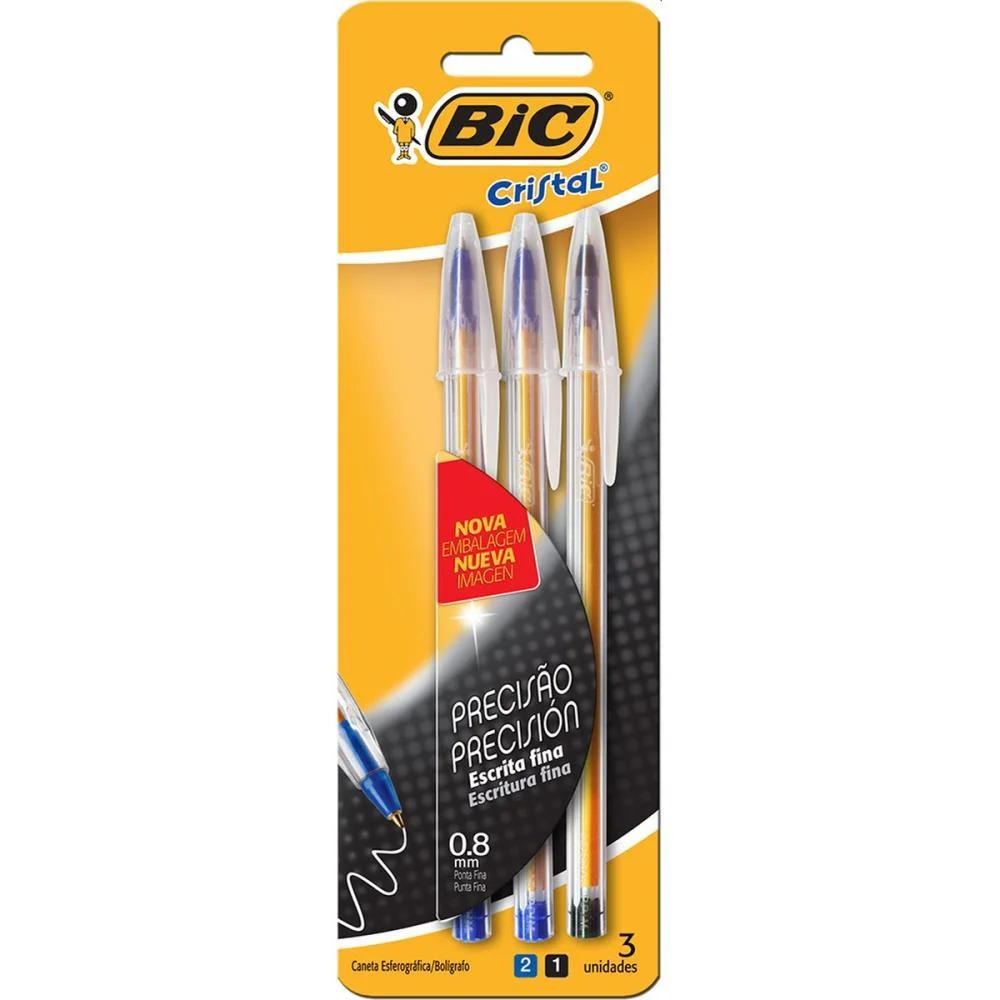 CANETA ESFEROGRAFICA CRISTAL FINA 2 AZ + 1 PT BIC (BL.C/03)