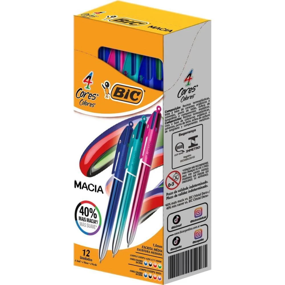 CANETA ESFEROGRAFICA 4 CORES SEMI GEL SORTDAS BIC (CX.C/12)