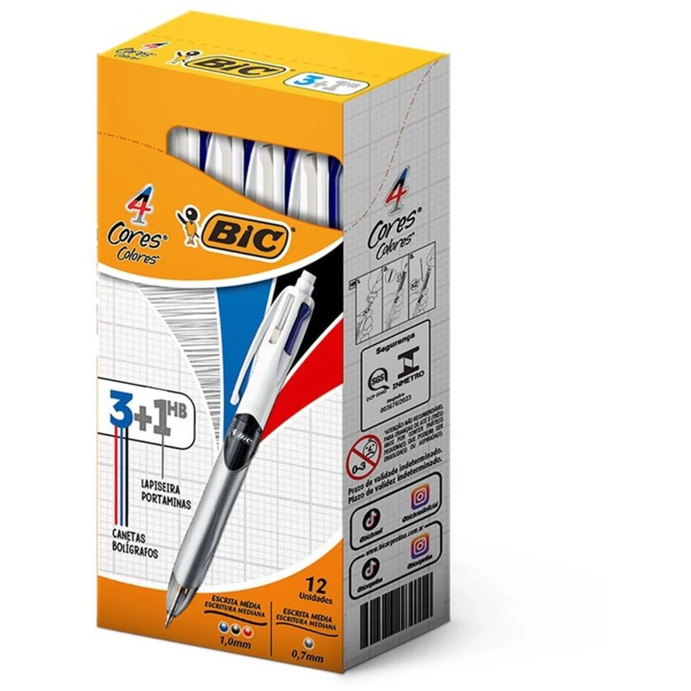 CANETA ESFEROGRAFICA 4 CORES + LAPISEIRA 0.7 MM BIC (CX.C/12)