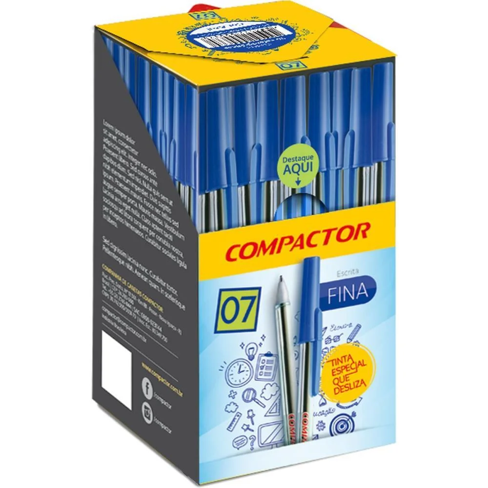 CANETA ESFEROGRAFICA 0,7MM FINA AZUL COMPACTOR (CX.C/50)