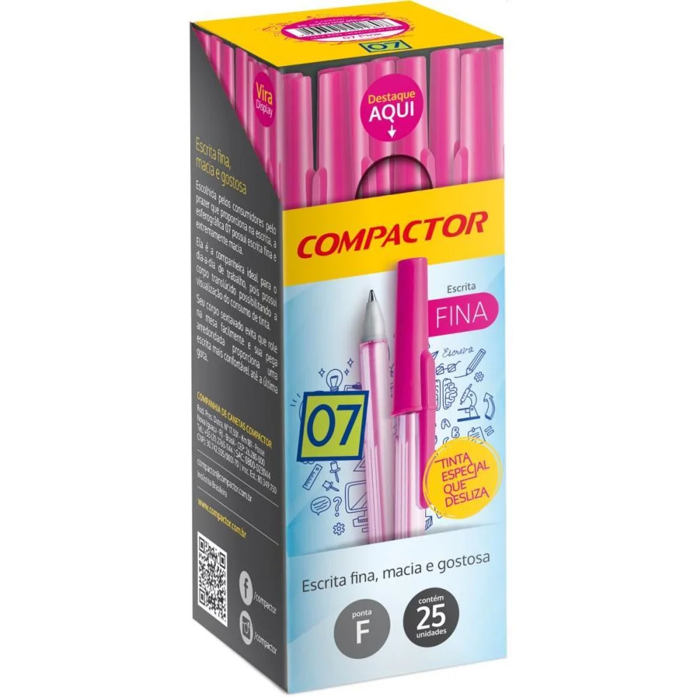 CANETA ESFEROGRAFICA 0,7MM FINA PINK COMPACTOR (CX.C/25)