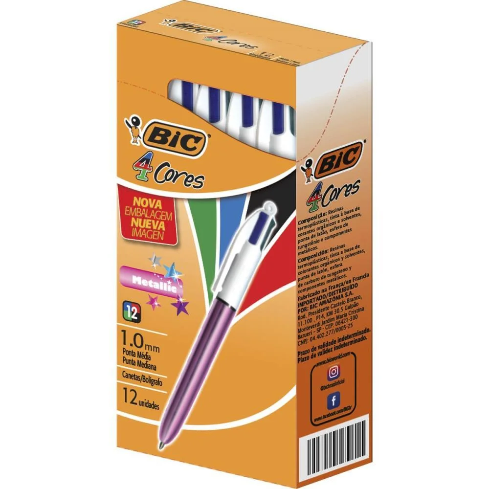 CANETA ESFEROGRAFICA BIC 4 CORES METALLIC CORPO RS BIC (CX.C/12)