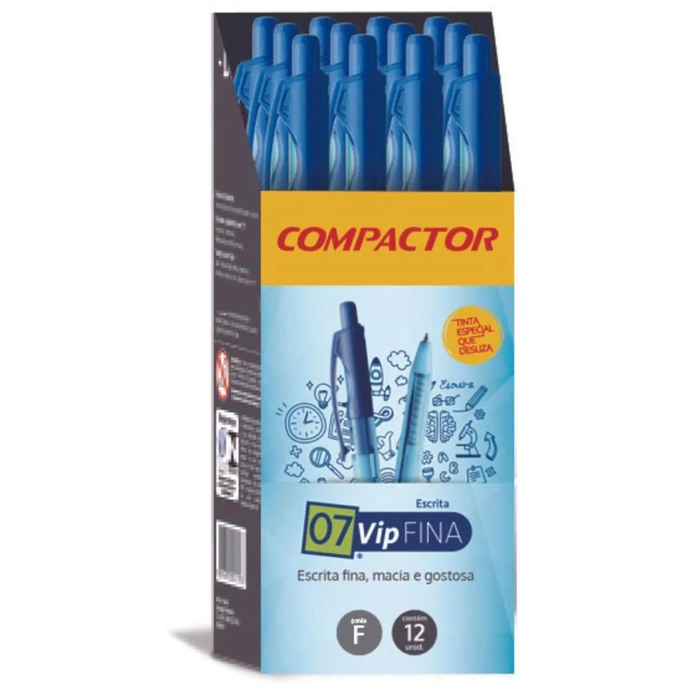 CANETA ESFEROGRAFICA RETRATIL 07 VIP FINA AZUL COMPACTOR (CX.C/12)