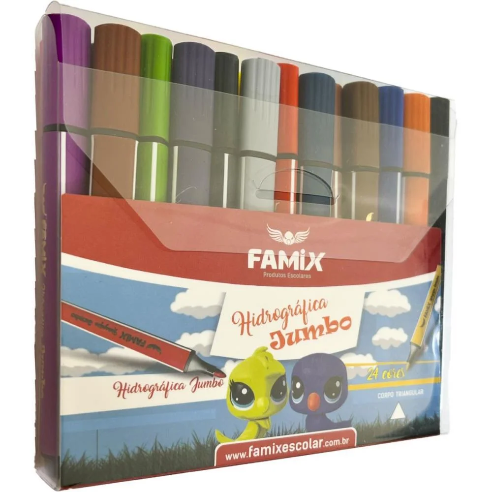 CANETA HIDROGRAFICA JUMBO TRIANGULAR 24 CORES FAMIX (ESTOJO)