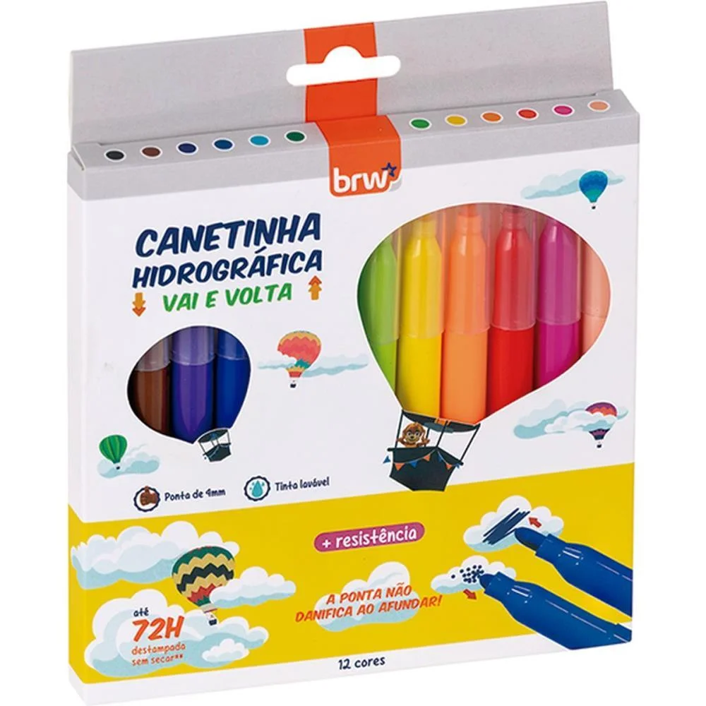CANETA HIDROGRAFICA VAI E VOLTA 4MM 12CORES BRW (BLISTER)