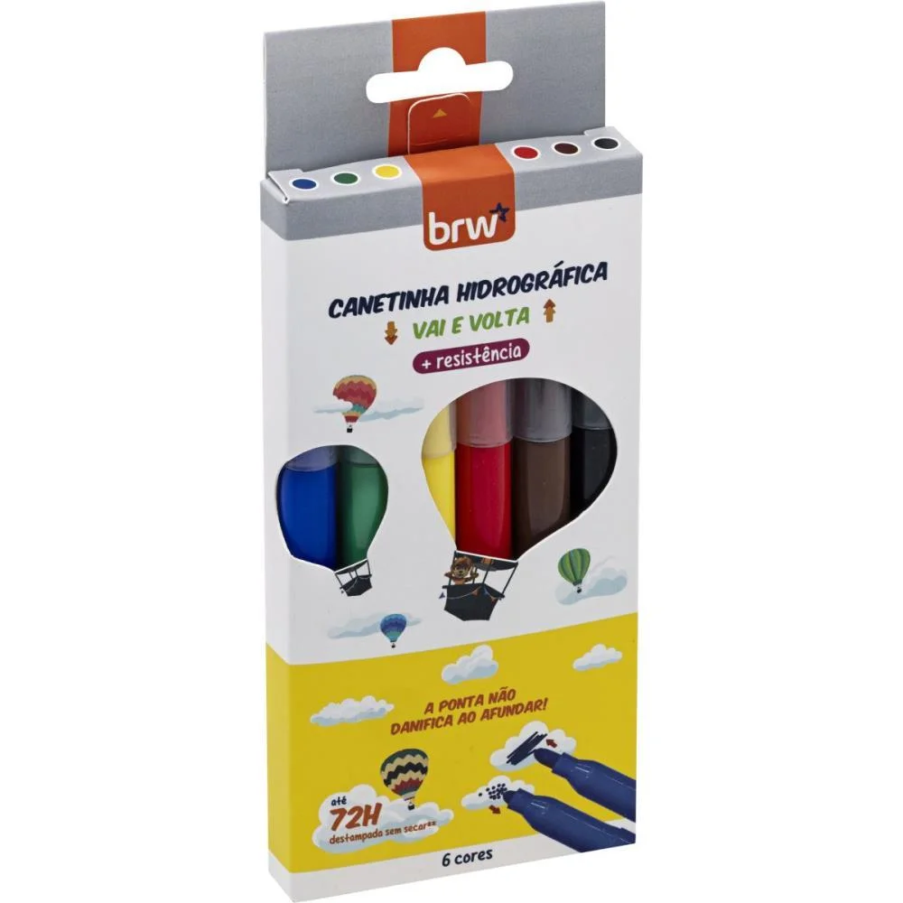 CANETA HIDROGRAFICA VAI E VOLTA 4MM 6 CORES BRW (BLISTER)