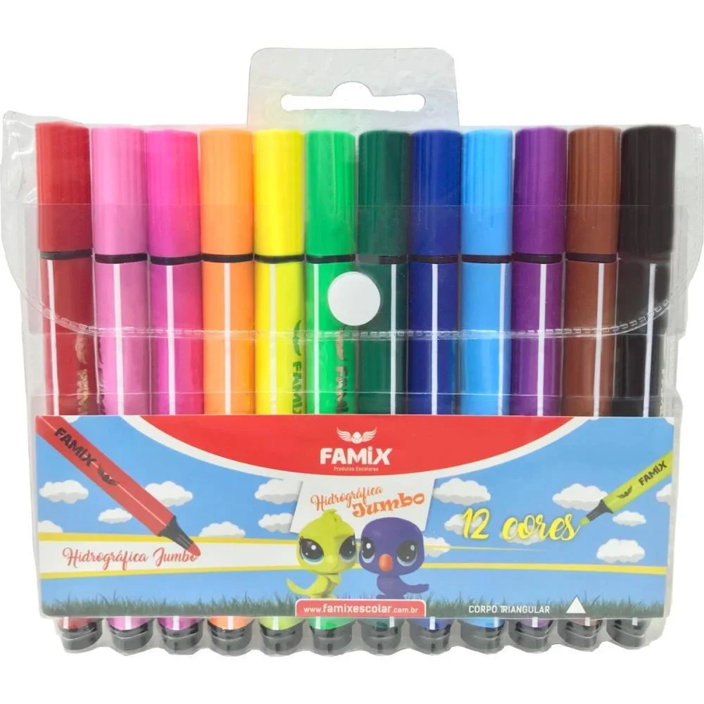 CANETA HIDROGRAFICA JUMBO TRIANGULAR 12 CORES FAMIX (ESTOJO)