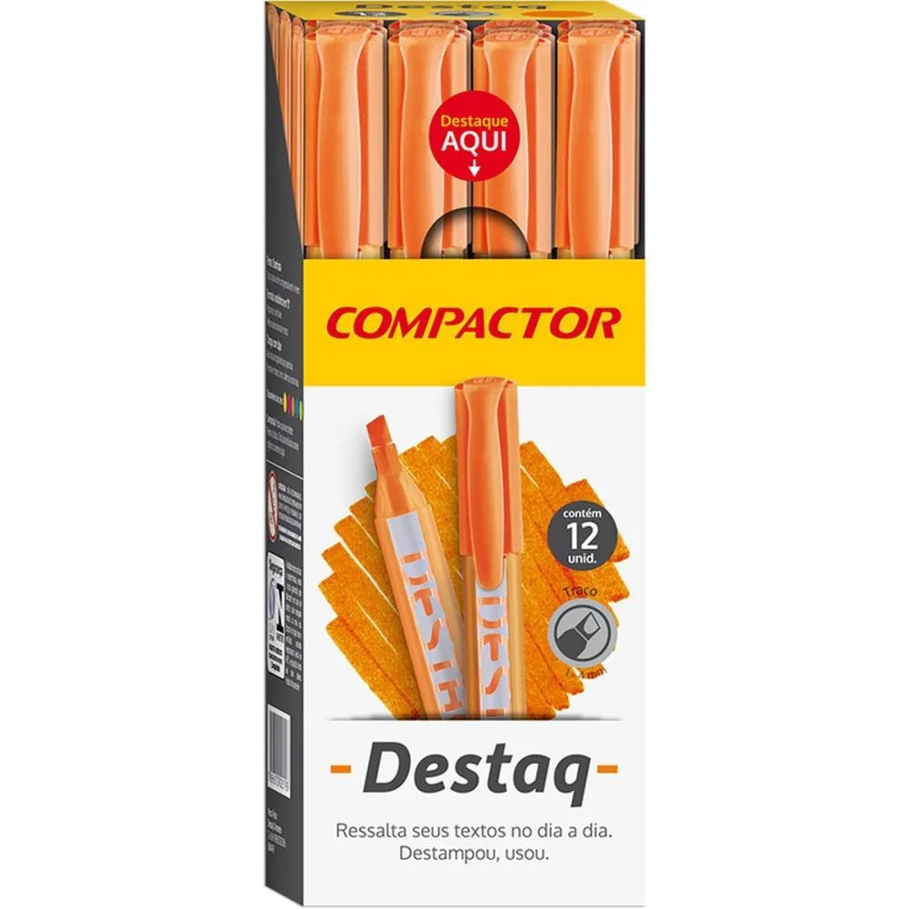 CANETA MARCA TEXTO DESTAQ FLUORESCENTE LARANJA COMPACTOR (CX.C/12)