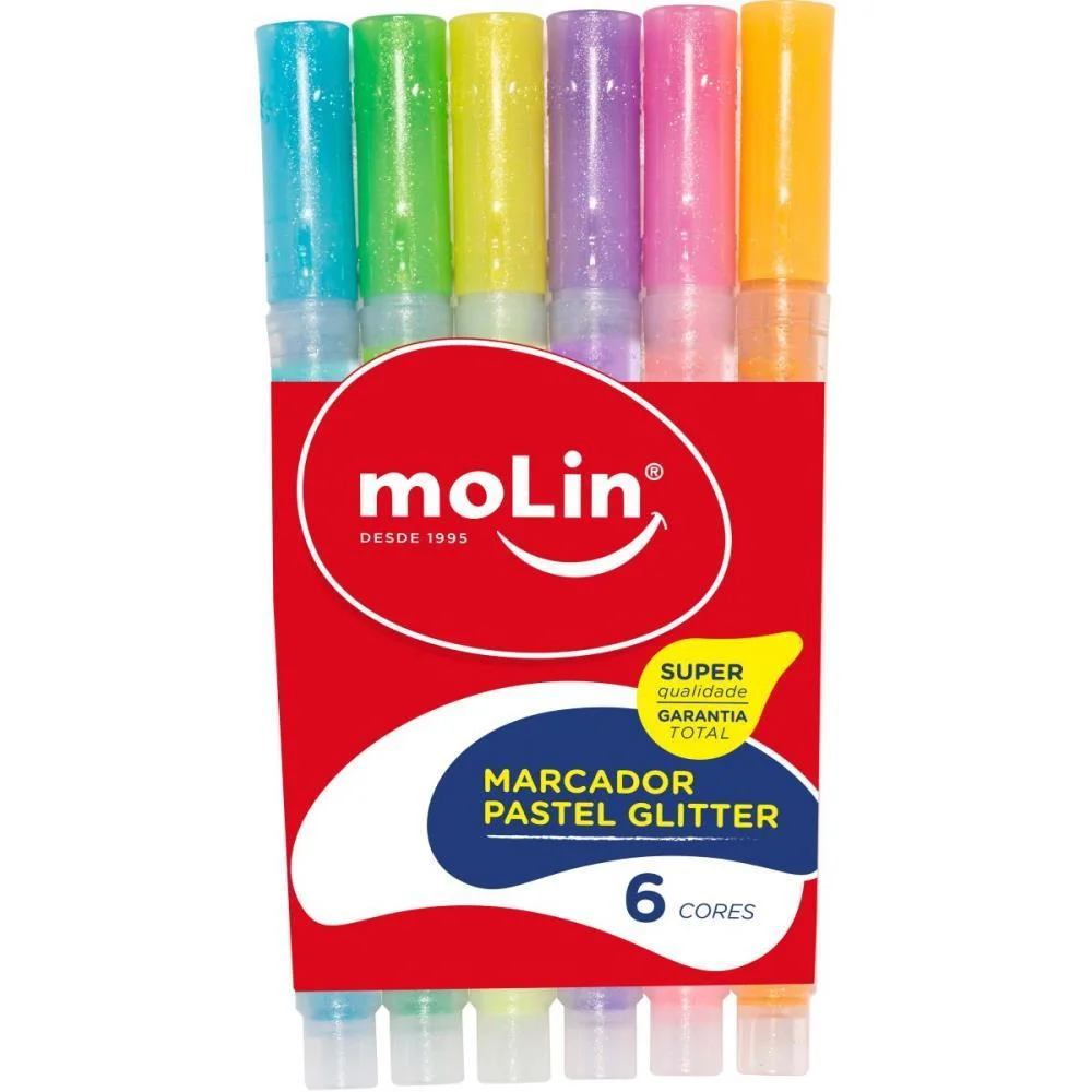 CANETA MARCA TEXTO FLUORESCENTE GLITTER 6 CORES MOLIN (ESTOJO)