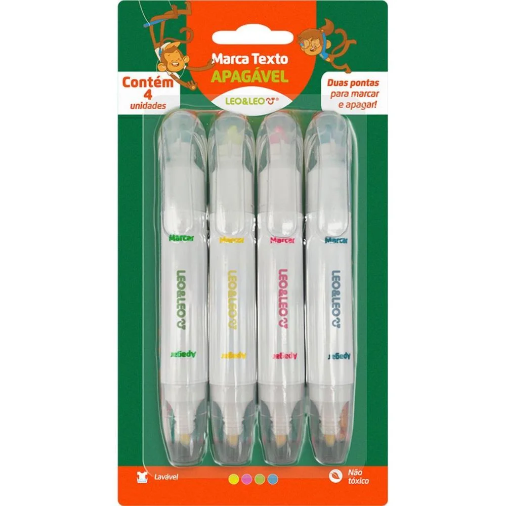 CANETA MARCA TEXTO LEO E LEO APAGAVEL 4CORES LEONORA (BLISTER)