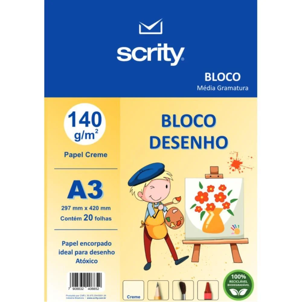 BLOCO PARA EDUCACAO ARTISTICA DESENHO A3 CREME 140G 20FLS. SCRITY (PACOTE)
