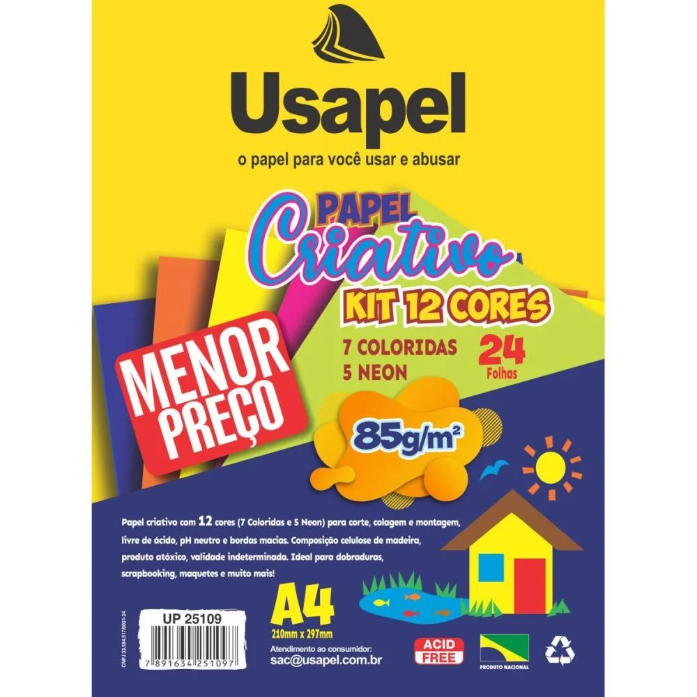 BLOCO PARA EDUCACAO ARTISTICA USAPEL CRIATIVO 12CORES A4 85G FILIPERSON (PACOTE)