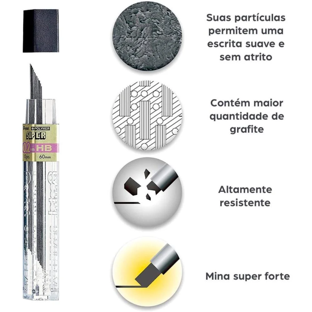 Grafite 0.7Mm B Hi Polymer Super 12Tbx12Min Pentel (Cx.c/12) - imagem 6