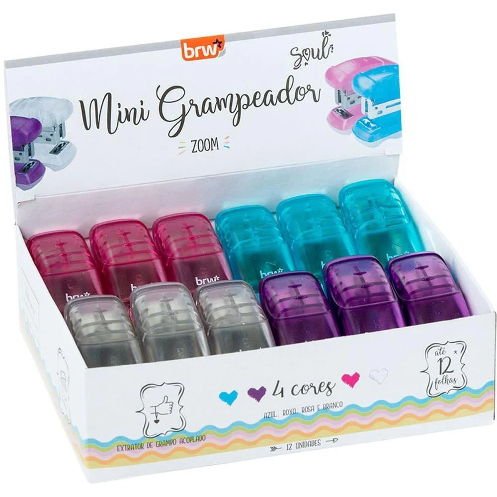 Grampeador Mini P/12Fls 6Cm Plast. Az/Vm/Am/Vd Brw (Dp.c/12) - imagem 3